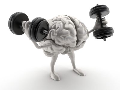 cartoon of a brain with arms lifting large weights