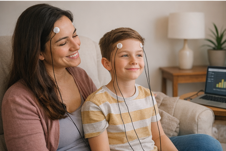 happy, calm young male child with parent receiving neurofeedback training