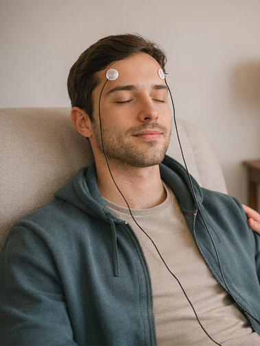 calm young male receiving neurofeedback training with electrodes on his head